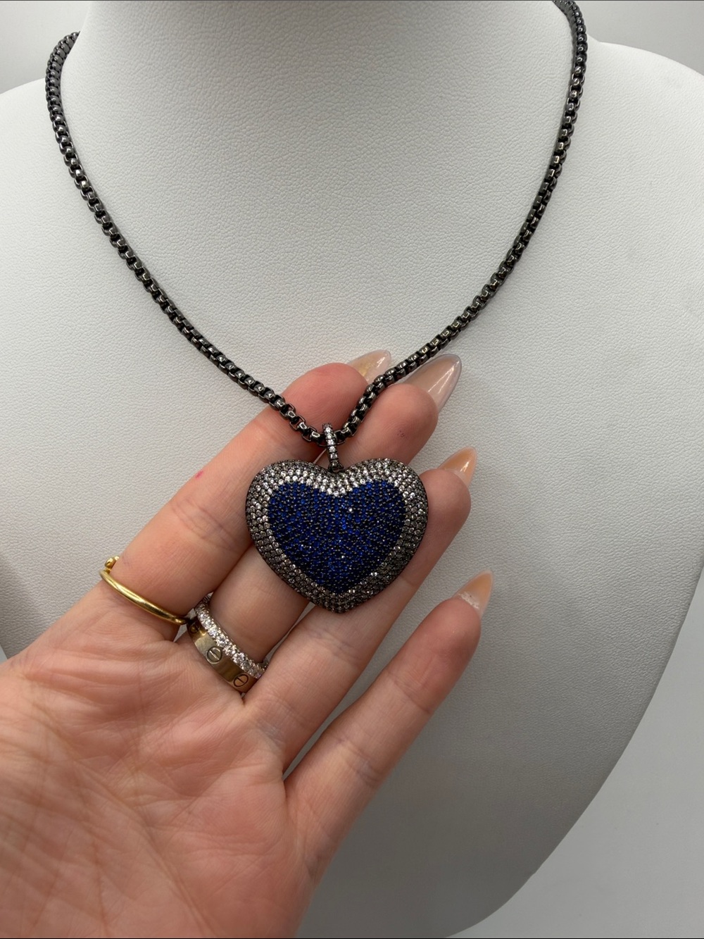 195. Heart Pendant Necklace in Dark Blue and Black Crystals. 16” - 20”